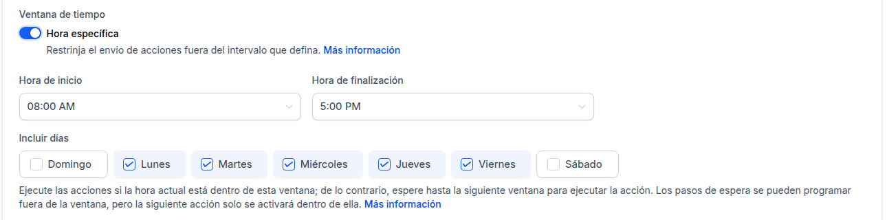 Ventana de tiempo del flujo: hora de inicio, hora de fin y días