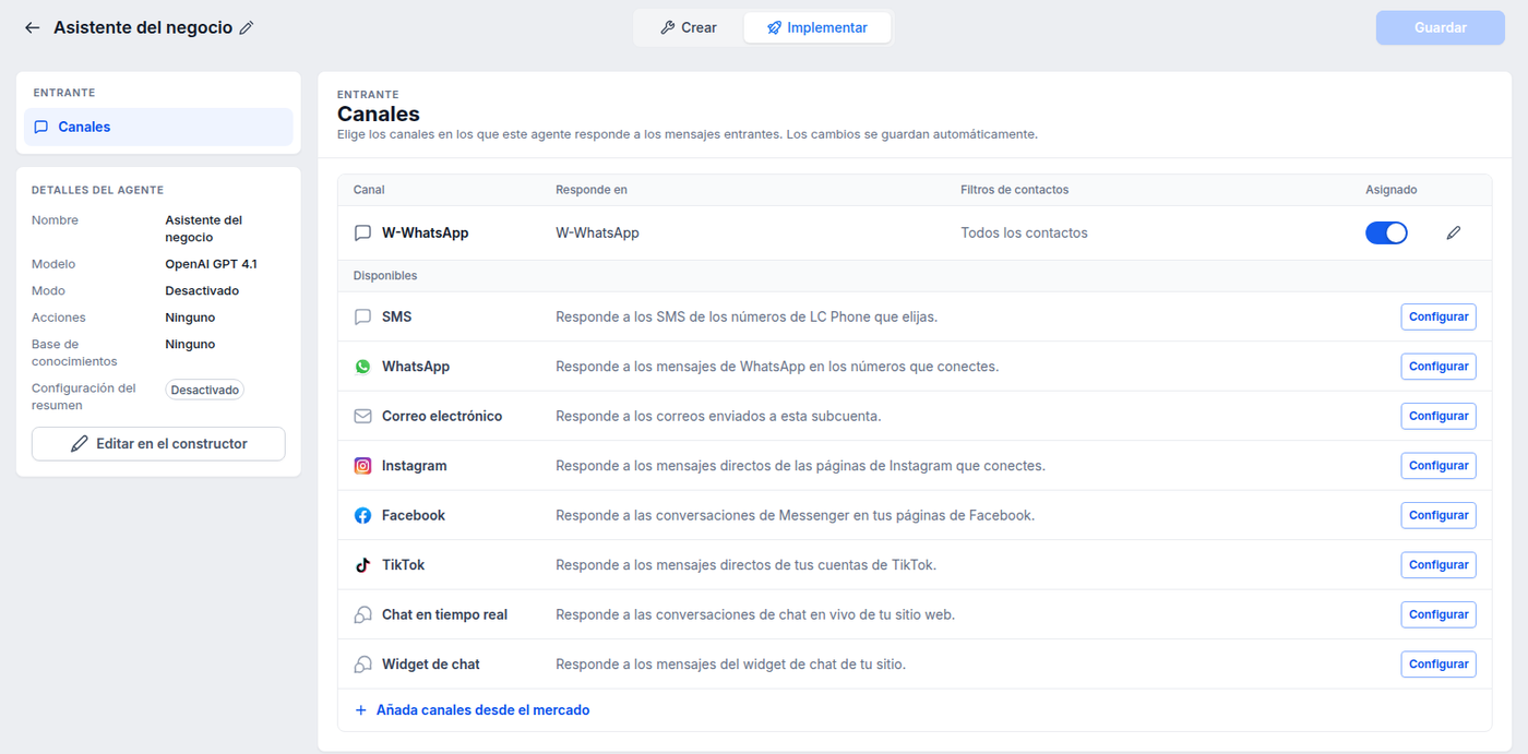 Canales del agente con W-WhatsApp asignado