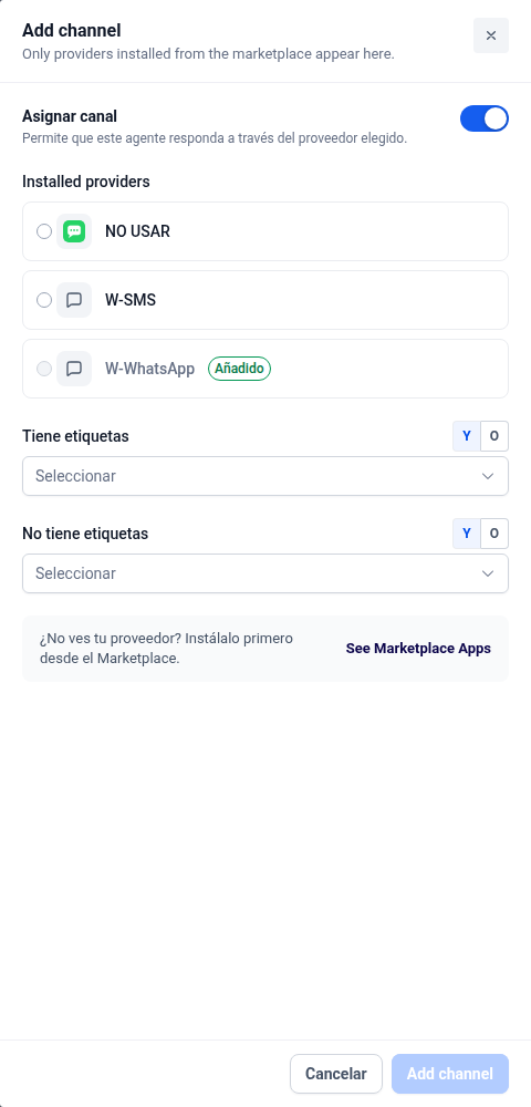Ventana Add channel con W-WhatsApp