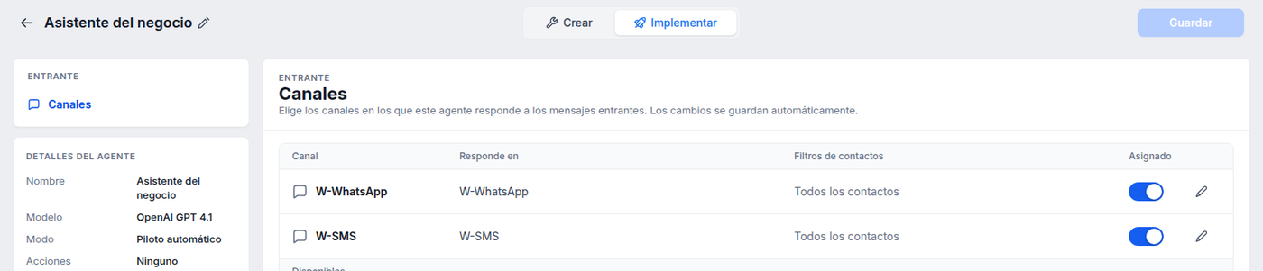 Agente con los canales W-WhatsApp y W-SMS
