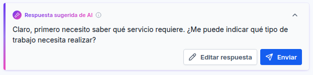 Respuesta sugerida de IA con los botones Editar respuesta y Enviar