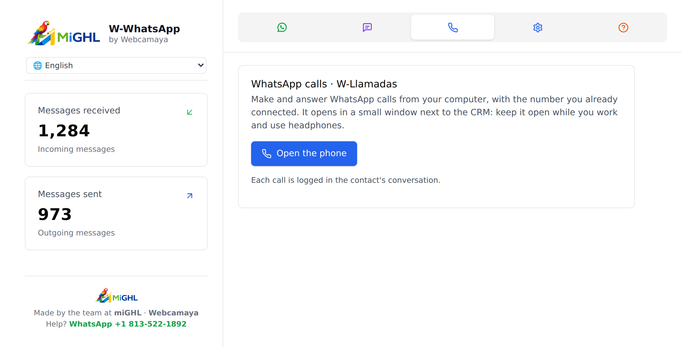 Calls tab of W-WhatsApp with the Open the phone button
