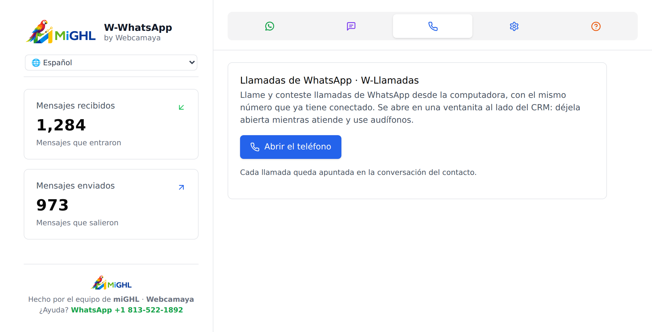 Pestaña Llamadas de W-WhatsApp con el botón Abrir el teléfono