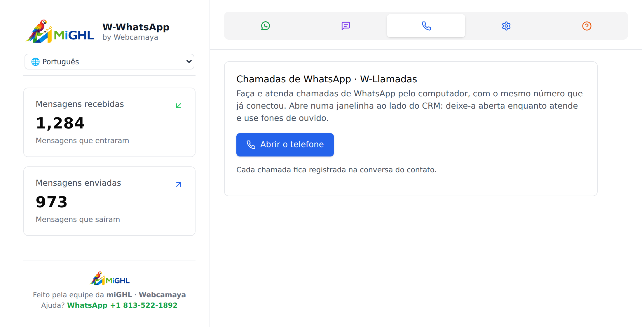 Aba Chamadas do W-WhatsApp com o botão Abrir o telefone