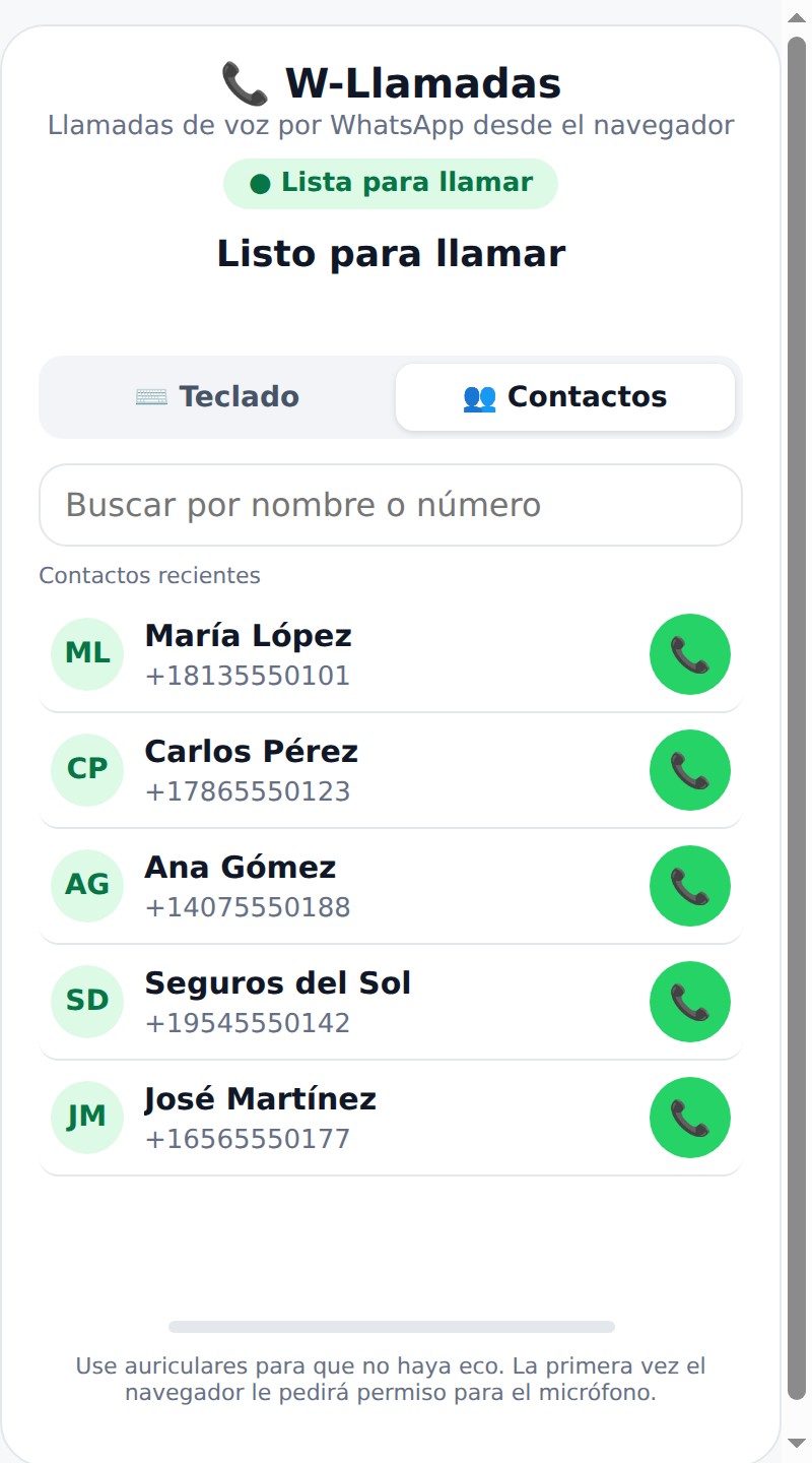 Pestaña Contactos con buscador y contactos de ejemplo