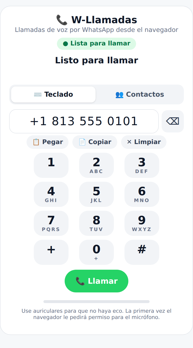Teléfono de W-Llamadas con el teclado y un número de ejemplo