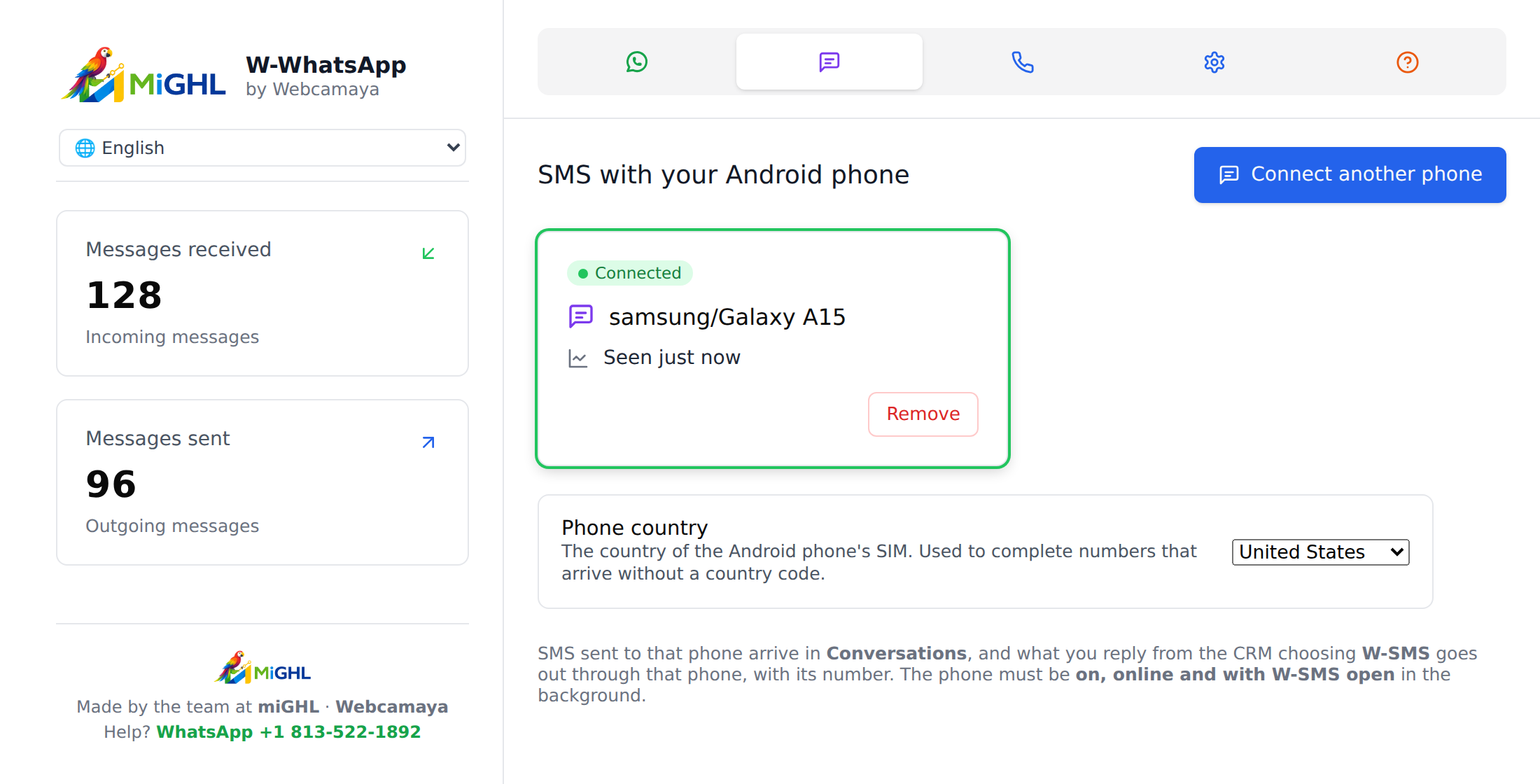SMS tab with a connected Android phone and the Phone country selector