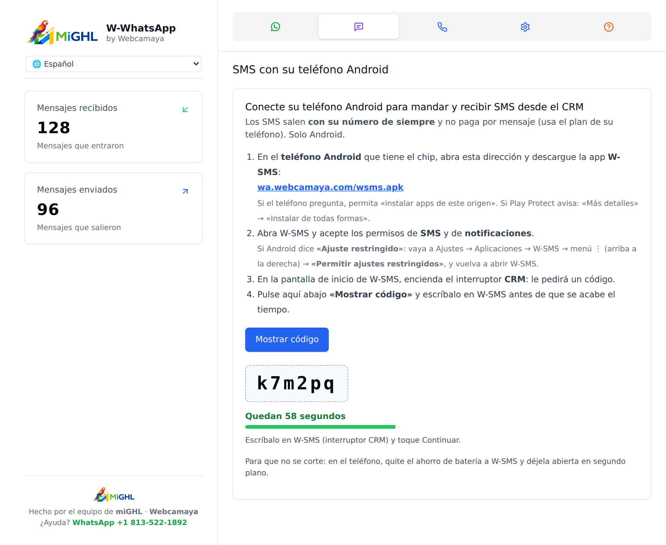 Pestaña SMS del panel W-WhatsApp con un código de ejemplo y la cuenta atrás