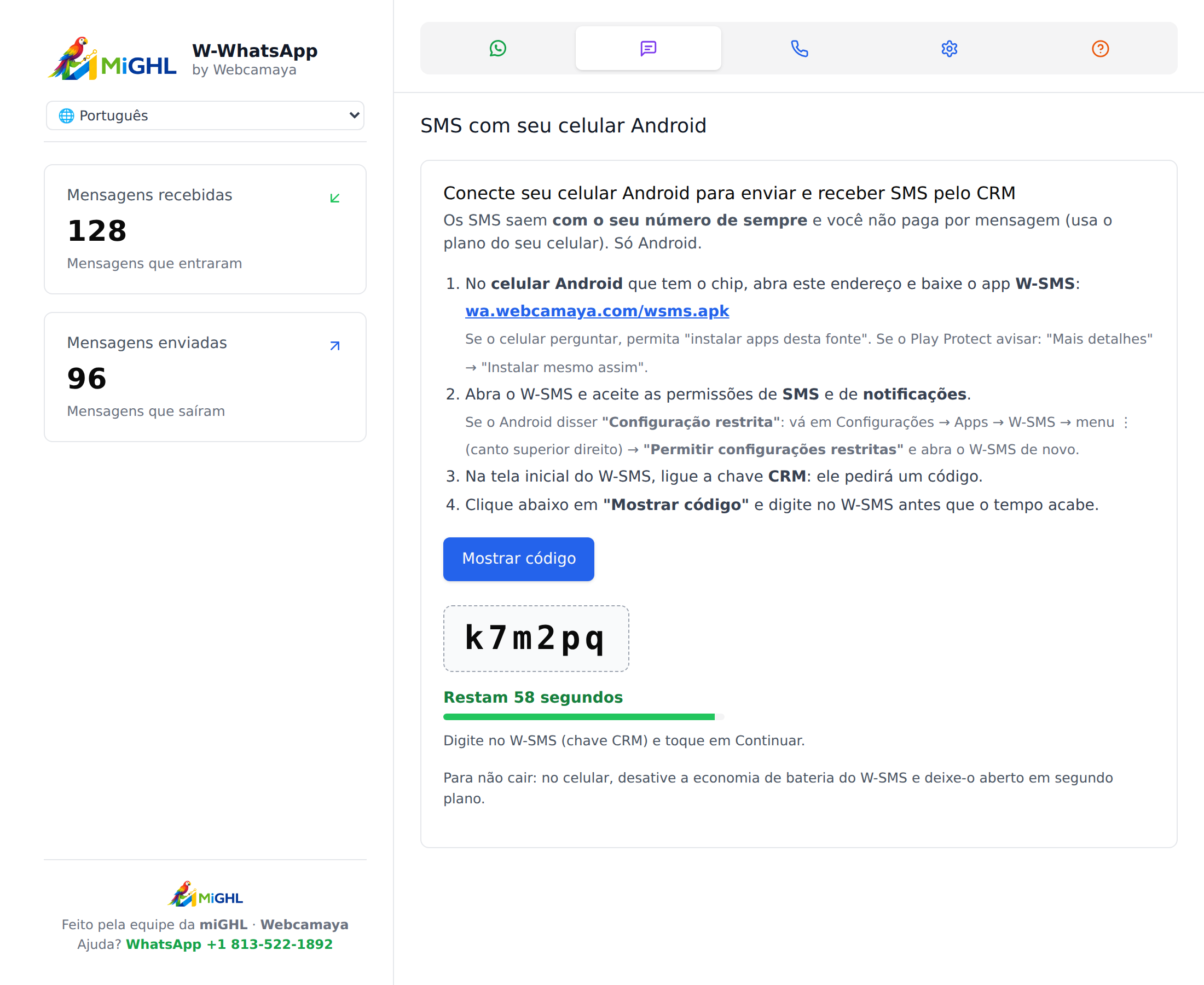 Aba SMS do painel W-WhatsApp com um código de exemplo e a contagem regressiva