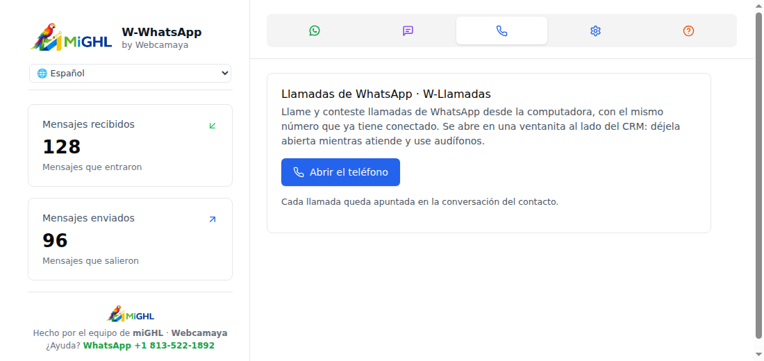 Pestaña Llamadas con el botón Abrir el teléfono