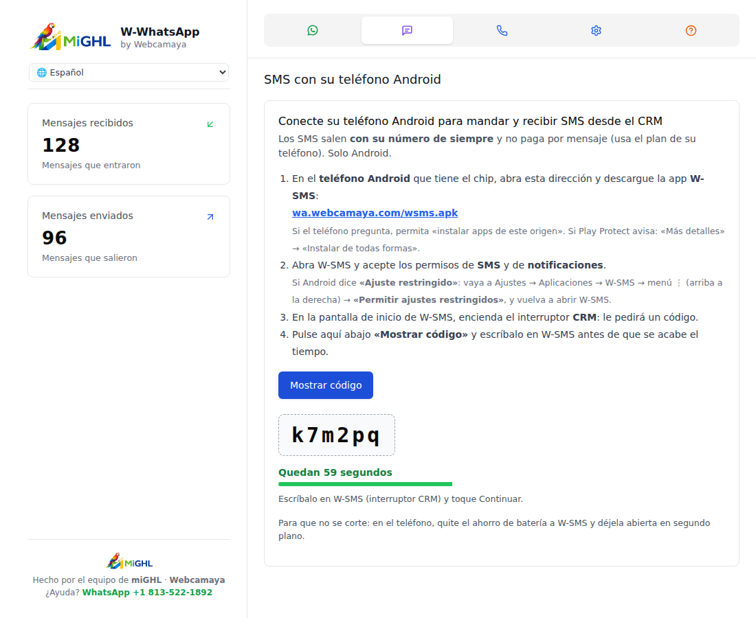 Pestaña SMS de W-WhatsApp con los pasos y un código de ejemplo