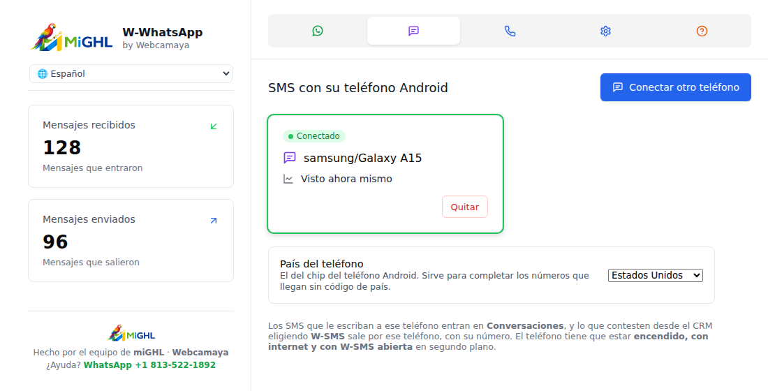 Pestaña SMS con un teléfono Android conectado