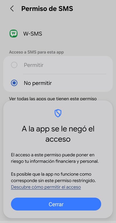 Aviso de Android: a la app se le negó el acceso al permiso de SMS
