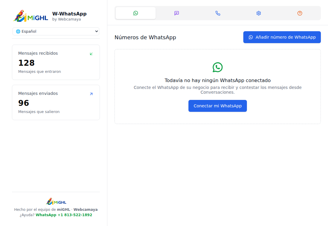 W-WhatsApp sin ningún número conectado, con el botón Conectar mi WhatsApp