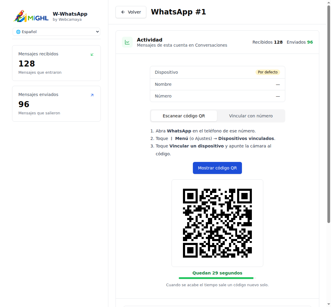 Pantalla de W-WhatsApp con el código QR y la cuenta atrás