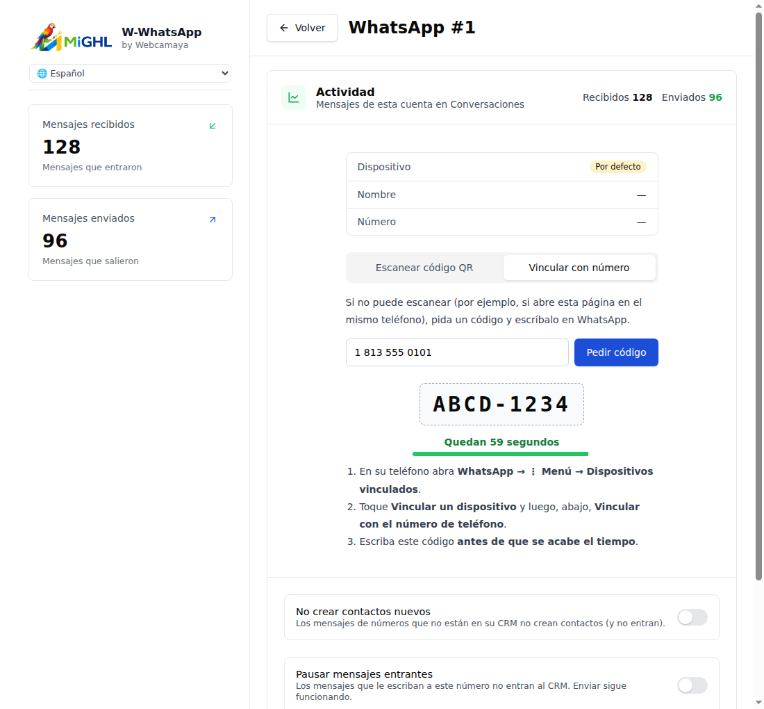 Pantalla de W-WhatsApp con un código de ejemplo ABCD-1234 y la cuenta atrás