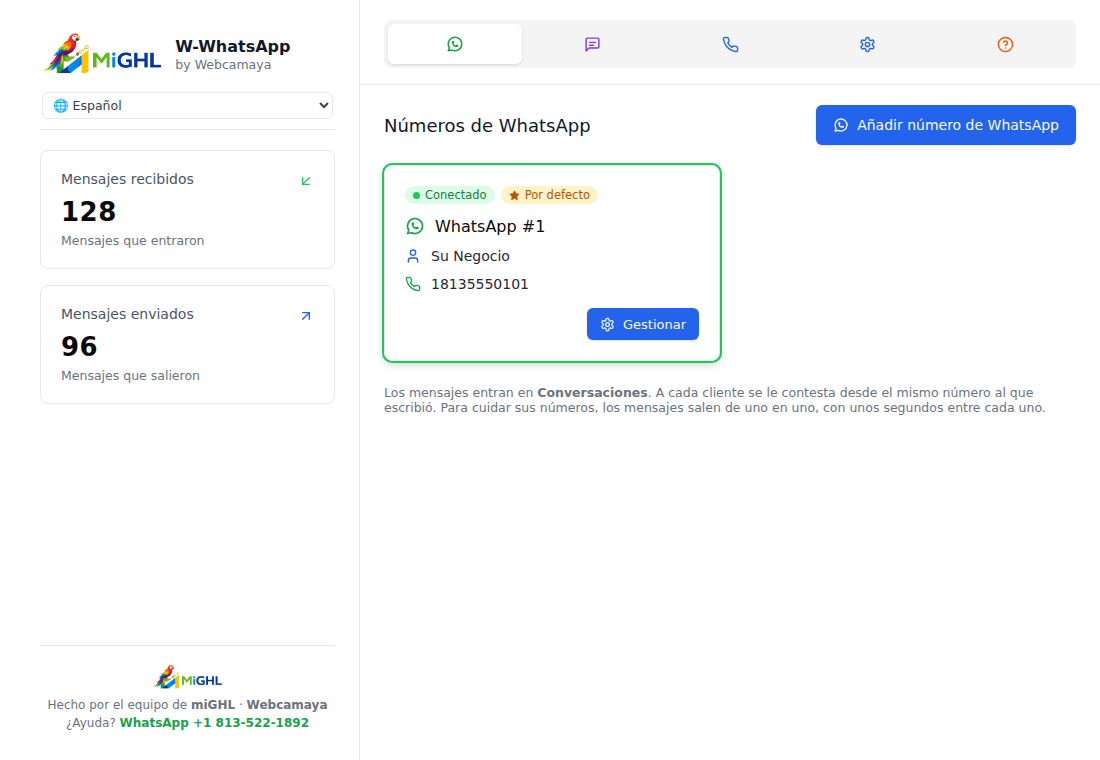 Tarjeta WhatsApp #1 conectada con un número de ejemplo